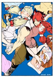  03_kyv 1boy 2girls alice_thymefield animal_ears animal_slippers artist_name beer_mug bunny_slippers cup dog_boy dog_ears fang grin highres hug kamanosuke_(zenless_zone_zero) komano_manato mug multiple_girls muscular muscular_male pajamas pillow scar scar_across_eye scar_on_face slippers smile sweatdrop ukinami_yuzuha white_background zenless_zone_zero 
