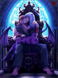  absurdres barefoot bat_wings boots capcom castle couple crossover darkstalkers demon_girl french_kiss hand_on_another's_face hand_on_another's_leg hand_on_another's_shoulder highres ken_masters kiss morrigan_aensland non-web_source red_hair shipping_(fandom) sitting sitting_on_lap sitting_on_person sitting_on_throne street_fighter thigh-highs throne violent_ken wings 