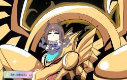  1girl blue_bow bow brown_hair chibi copyright_request crossover ear_bow gameplay_mechanics grass_wonder_(umamusume) highres holding holding_polearm holding_weapon kawamochi_(kawauti919) long_hair multicolored_hair naginata polearm puffy_short_sleeves puffy_sleeves purple_shirt school_uniform shirt short_sleeves striped_bow tracen_school_uniform translation_request two-tone_hair umamusume weapon white_hair 