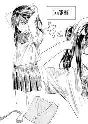  1girl absurdres arms_up bow bowtie cardigan closed_eyes closed_mouth commentary_request greyscale hair_bow hatching_(texture) highres inazuma_(elect_line) long_hair love_live! love_live!_school_idol_project medium_hair miniskirt monochrome multiple_views otonokizaka_school_uniform pleated_skirt ribbon school_uniform short_sleeves skirt summer_uniform twintails tying_hair unworn_cardigan yazawa_nico 