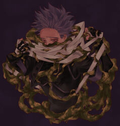  1boy bags_under_eyes black_jacket boku_no_hero_academia commentary_request cropped_torso fingerless_gloves fingernails gloves jacket long_sleeves male_focus nervous_sweating purple_background purple_hair qiaanrii scarf shinso_hitoshi short_hair simple_background slime_(substance) solo spiky_hair sweat violet_eyes white_scarf 