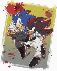  2boys absurdres alternate_costume animal_ears animal_nose axe bandages black_fur black_shoes blood blood_splatter blue_fur body_fur border bracelet furry furry_male gloves gold_bracelet green_eyes grey_pants grin gun hedgehog_boy highres holding holding_axe holding_gun holding_weapon jacket jewelry long_sleeves male_focus multicolored_fur multiple_boys pants red_eyes red_fur shadow_the_hedgehog shoes short_tail simple_background smile sonic_(series) sonic_the_hedgehog tail two-tone_fur unneul weapon white_border white_gloves white_jacket white_pants 