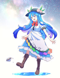  1girl apron black_hat blue_hair blue_skirt boots bow bowtie brown_boots center_frills commentary_request frilled_skirt frills hat hat_ornament hinanawi_tenshi kaname-ishi kicking lace-up_boots leaf_hat_ornament long_hair open_mouth peach_hat_ornament puffy_short_sleeves puffy_sleeves rainbow_order red_bow red_bowtie red_eyes shirt short_sleeves skirt smile solo tanasuke touhou very_long_hair waist_apron white_apron white_shirt 