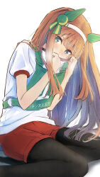 1girl animal_ears aqua_eyes black_pantyhose blush commentary_request highres horse_ears horse_girl horse_tail long_hair looking_at_viewer orange_hair original_race_uniform_(umamusume) pantyhose pantyhose_under_shorts red_shorts shirt short_shorts shorts silence_suzuka_(umamusume) simple_background sitting solo tail umamusume white_background white_shirt yrouumkinnoaw 