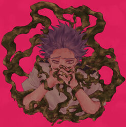 1boy bags_under_eyes boku_no_hero_academia commentary_request covering_own_mouth forehead high_contrast male_focus purple_hair qiaanrii shinso_hitoshi shirt short_hair short_sleeves simple_background slime_(substance) solo spiky_hair upper_body white_shirt 