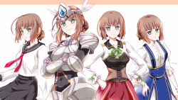  4girls ao_no_kiseki armor artist_name black_sailor_collar black_skirt bob_cut border braid breastplate brown_border brown_hair bun_with_braided_base closed_mouth cuisses dress duvalie eiyuu_densetsu feather_hair_ornament feathers gauntlets green_eyes hair_bun hair_ornament hajimari_no_kiseki highres long_sleeves looking_at_viewer multiple_girls neckerchief pauldrons puffy_long_sleeves puffy_sleeves red_neckerchief sailor_collar school_uniform sen_no_kiseki_(series) sen_no_kiseki_iv serafuku short_hair shoulder_armor single_hair_bun skirt smile tied_sleeves two-tone_background upper_body white_background xiacheng_tatsuya 