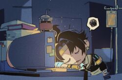  1boy armband asaba_harumasa asymmetrical_gloves black_gloves black_hair black_necktie book chair closed_eyes computer computer_keyboard drink drinking_straw ear_piercing earrings gloves headband highres indoors intravenous_drip jewelry mismatched_gloves monitor necktie notes open_mouth papers pd_honey piercing shirt short_hair sleeping sleeping_on_desk sleeves_rolled_up solo speech_bubble syringe thought_bubble white_shirt yellow_armband yellow_gloves yellow_headband zenless_zone_zero 