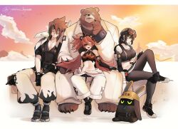  1other 2boys 2girls animal_ears anton_ivanov artist_name bangboo_(zenless_zone_zero) bear_boy bear_ears ben_bigger black_shirt blush brown_fur claws closed_eyes commentary_request crop_top eyepatch furry furry_male goggles goggles_on_head grace_howard hard_hat helmet highres jacket koleda_belobog multiple_boys multiple_girls one_eye_covered open_mouth pants rabbit_ears safety_(zenless_zone_zero) scar scar_across_eye scar_on_face shirt sitting sleeping smile sweatdrop twitter_username white_jacket white_pants yasiro_hayate zenless_zone_zero 