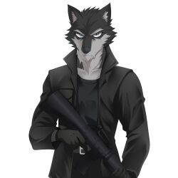 1boy absurdres angry belt black_gloves black_jacket black_shirt blue_eyes clawraa clay_mercer commission furry gloves grey_fur gun jacket male_focus original original_character rifle sniper_rifle solo transparent_background wolf_boy wolf_ears