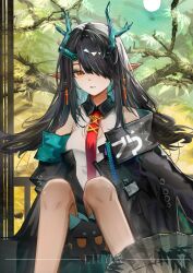  1girl absurdres arknights artist_name bare_shoulders black_coat black_hair breasts coat collared_shirt commentary_request dragon_bubble_(arknights) dragon_girl dusk_(arknights) eastern_dragon_horns eastern_dragon_tail feet_out_of_frame green_hair green_horns hair_over_one_eye highres horns liuyunnnn long_hair multicolored_hair necktie off-shoulder_coat off_shoulder orange_eyes parted_lips pointy_ears red_necktie shirt sitting sleeveless sleeveless_shirt small_breasts solo streaked_hair two-tone_hair white_shirt 