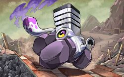  black_eyes bright_pupils clouds colored_sclera full_body gas gunjima_souichirou no_humans official_art outdoors pokemon pokemon_(creature) pokemon_focus pokemon_tcg pokemon_tcg_pocket sky solo third-party_source varoom white_pupils yellow_sclera 