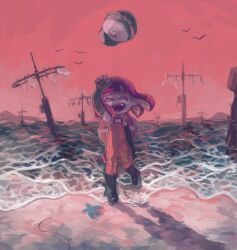  1girl ^_^ arm_behind_back arm_up backlighting baseball_cap beach blunt_bangs bonjiri_nosuke boots closed_eyes commentary_request elbow_gloves facing_viewer fangs flat_chest full_body gloves green_boots green_gloves green_hat happy hat holding holding_behind_back holding_weapon inkling inkling_girl inkling_player_character jumpsuit leg_up lifebuoy ocean open_mouth orange_jumpsuit outdoors red_hair red_sky salmon_run_(splatoon) shirt short_hair sidelocks simple_bird sky smile solo splatoon_(series) splatoon_2 splattershot_(splatoon) standing standing_on_one_leg starfish suction_cups swim_ring teeth tentacle_hair tentacles throwing throwing_hat water weapon white_shirt 