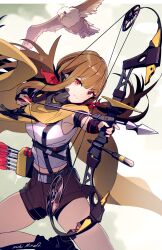  1girl arrow_(projectile) artist_name belt bird black_belt blush bow_(weapon) breasts brown_hair brown_shorts closed_mouth commentary_request commission compound_bow falcon_(girls&#039;_frontline) feet_out_of_frame girls&#039;_frontline_neural_cloud girls_frontline hair_ribbon highres holding holding_weapon large_breasts long_hair looking_at_viewer mineta_naoki red_eyes red_ribbon ribbon shirt shorts skeb_commission sockdolager_(neural_cloud) solo weapon white_shirt yellow_cloak 