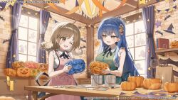  2girls ;d ando_tazusa apron assault_lily bare_arms black_ribbon black_skirt blue_hair blush book braid breasts brown_eyes brown_hair bucket cabinet collared_shirt commentary_request copyright_notice cowboy_shot crown_braid curtains flower frilled_shirt frills gem gem_hair_ornament green_apron hair_behind_ear hair_flower hair_ornament halloween hands_up high-waist_skirt hitotsuyanagi_riri holding holding_pumpkin indoors jack-o&#039;-lantern jewelry long_hair looking_at_another low_twin_braids low_twintails medium_breasts medium_hair multiple_girls neck_ribbon official_art one_eye_closed open_mouth orange_ribbon paint paint_on_clothes paint_splatter paint_splatter_on_face paint_tube pennant pink_apron pumpkin red_gemstone ribbon ring rokkaku_shiori school_uniform shelf shirai_yuyu shirt sidelocks skirt sleeveless sleeveless_shirt smile standing star_(symbol) string_of_flags suspender_skirt suspenders table taniguchi_hijiri twin_braids twintails wagashi928 wang_yujia white_flower window yellow_ribbon yoshimura_thi_mai yurigaoka_girls_academy_school_uniform 