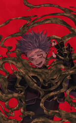  1boy bags_under_eyes boku_no_hero_academia fingernails gloves long_sleeves looking_at_viewer male_focus open_mouth partially_fingerless_gloves qiaanrii red_background red_eyes shinso_hitoshi short_hair simple_background slime_(substance) solo spiky_hair upper_body wide-eyed 