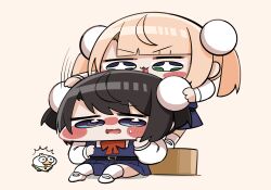  +_+ 2girls aged_down blonde_hair blue_dress blunt_bangs bow bowtie chibi chibi_only collared_shirt cosplay dress dress_shirt green_eyes hair_ornament highres hololive indie_virtual_youtuber kakue_gaku long_sleeves matching_outfits multiple_girls official_alternate_hairstyle oozora_subaru pinafore_dress pom_pom_(clothes) pom_pom_hair_ornament red_bow red_bowtie school_uniform shigure_ui_(vtuber) shigure_ui_(vtuber)_(cosplay) shigure_ui_(vtuber)_(young) shirt shoes short_hair side_part sleeveless sleeveless_dress socks subatomo_(oozora_subaru) twintails uwabaki v-shaped_eyebrows virtual_youtuber white_shirt white_shoes white_socks 