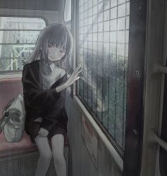  1girl absurdres against_glass bag black_cardigan black_shorts blunt_bangs cardigan collared_shirt day feet_out_of_frame ferris_wheel ferris_wheel_interior giv_81 grey_hair grin half-closed_eyes hand_on_glass hand_on_lap hand_up head_tilt highres long_hair long_sleeves looking_at_viewer off_shoulder original pink_eyes rain shirt short_shorts shorts sitting smile solo truss unworn_bag white_shirt window 