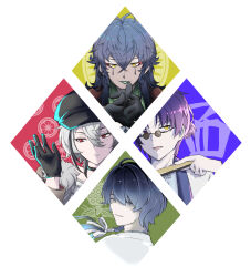  4boys black_gloves black_hair black_hat blue_hair closed_eyes closed_mouth clown commentary_request fei_ming folding_fan gloves green_lips grey_hair grin hair_between_eyes hand_fan hat ju_(mahjong_soul) kiku_(sashiki11) kutsuji long_bangs long_hair looking_at_viewer mahjong_soul male_focus multiple_boys newsboy_cap open_mouth pince-nez purple_hair red_eyes short_hair simple_background smile sunglasses teardrop_facial_mark upper_body white_background yellow_eyes yuan_feng 