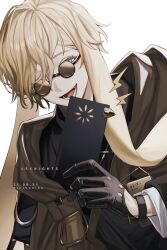  1boy animal_ears arknights artist_name black-framed_eyewear black_gloves black_jacket blonde_hair blue_eyes brown-tinted_eyewear brown_cape cape card chinikuniku commentary_request copyright_name dated english_text gloves hair_between_eyes hand_up highres holding holding_card id_card jacket liaison_(arknights) lightning_bolt_symbol long_sleeves male_focus open_mouth rabbit_boy rabbit_ears round_eyewear short_hair simple_background smile solo sunglasses teeth tinted_eyewear tongue upper_body white_background 
