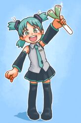  1girl :d alternate_costume aqua_hair aqua_necktie aqua_trim arm_up beachepisode black_sleeves blue_background blush child cosplay detached_sleeves food full_body grey_shirt happy hatsune_miku hatsune_miku_(cosplay) highres holding holding_food holding_spring_onion holding_vegetable koiwai_yotsuba necktie pigeon-toed quad_tails shirt simple_background smile solo sparkle spring_onion standing teeth upper_teeth_only vegetable vocaloid yotsubato! 