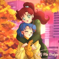  2girls autumn_leaves bishoujo_senshi_sailor_moon brown_hair closed_eyes earrings flower_earrings gloves green_eyes green_sweater jewelry k.g.fantasy kino_makoto leaf long_hair medium_hair mizuno_ami multiple_girls parted_bangs pink_sky sky sweater yellow_gloves yellow_sweater 