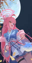  1girl absurdres ahoge alternate_costume blue_archive blue_dress chinese_clothes dress fang full_moon hair_rings halo hanfu heterochromia highres holding holding_lantern hoshino_(blue_archive) huge_ahoge lantern long_hair looking_to_the_side mid-autumn_festival moon open_mouth pink_hair pink_halo solo stuffed_whale thigh_strap zhao_guazi 