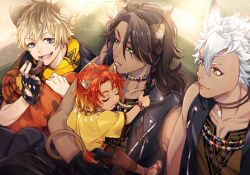  4boys animal_ears blonde_hair blue_eyes brown_hair child commentary_request con_potata couch dark-skinned_male dark_skin doughnut eating fang food green_eyes holding holding_donut holding_food hyena_boy hyena_ears jack_howl leona_kingscholar lion_boy lion_ears lion_tail long_hair male_focus multiple_boys on_couch ruggie_bucchi scar scar_across_eye scar_on_face sitting sitting_on_lap sitting_on_person sleeveless sleeveless_jacket slit_pupils tail twisted_wonderland uncle_and_nephew white_hair wolf_boy wolf_ears yellow_eyes 