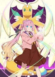  1girl anyoji_hime blue_eyes bracelet brown_dress closed_mouth commentary_request crossover dragon dragonite dress feet_out_of_frame green_eyes hair_intakes hasu_no_sora_school_uniform highres hood hooded_jacket jacket jewelry large_head_wings link!_like!_love_live! long_sleeves looking_at_viewer love_live! medium_dress mega_dragonite mega_evolution open_clothes open_jacket orange-pengin pink_jacket pleated_dress pokemon pokemon_(creature) purple_background sailor_collar sailor_dress school_uniform smile split_mouth standing v-shaped_eyebrows virtual_youtuber white_sailor_collar winter_uniform 