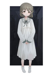  1girl absurdres alley alternate_costume border brown_eyes brown_hair collared_dress commentary dress empire_waist english_commentary full_body hair_ornament hairclip hatoba_tsugu highres long_sleeves looking_at_viewer mole mole_under_eye neck_ribbon night open_mouth outside_border own_hands_together ribbon short_hair socks solo standing tsugu_(vtuber) virtual_youtuber white_border white_dress white_socks yuk1 