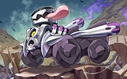 clouds day full_body gas gunjima_souichirou no_humans official_art open_mouth pokemon pokemon_(creature) pokemon_focus pokemon_tcg pokemon_tcg_pocket revavroom sky solo third-party_source tongue tongue_out 