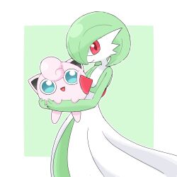  blue_eyes bob_cut colored_skin dress gardevoir green_skin highres jigglypuff looking_at_viewer mochitanabota multicolored_skin pink_eyes pink_skin pokemon pokemon_(creature) simple_background smile two-tone_background two-tone_skin white_dress white_skin 