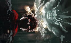  1boy 1elims1 1other absurdres commentary eight-handed_wheel extra_eyes four_eyes from_below highres jujutsu_kaisen mahoraga_(jujutsu_kaisen) muscular red_eyes ryoumen_sukuna_(jujutsu_kaisen) shikigami short_hair wheel_of_dharma wings_as_eyes 