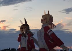  2girls admire_vega_(umamusume) amane_hikari animal_ears blonde_hair blush breasts brown_hair closed_eyes closed_mouth clouds ear_covers ear_ornament gym_shirt hair_between_eyes highres horse_ears horse_girl horse_tail jacket long_hair long_sleeves medium_hair multiple_girls narita_top_road_(umamusume) open_clothes open_jacket open_mouth outdoors red_jacket red_shorts shirt short_hair shorts single_ear_cover sky smile sunset tail tracen_training_uniform track_jacket umamusume violet_eyes white_shirt 
