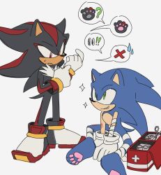  2boys animal_ears animal_feet animal_nose bandages barefoot black_fur blue_fur first_aid_kit furry furry_male gloves green_eyes hedgehog_boy highres male_focus multicolored_fur multiple_boys pawpads red_fur shadow_the_hedgehog short_tail simple_background sitting smile sonic_(series) sonic_the_hedgehog spoken_x standing tail two-tone_fur unneul white_background white_gloves 