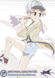  1girl baseball_cap brown_eyes casey_(pokemon) closed_mouth hat holding holding_poke_ball jacket knee_up lightning_bolt_print lightning_bolt_symbol long_hair open_clothes open_jacket orlek pitching poke_ball poke_ball_(basic) pokemon pokemon_(anime) pokemon_(classic_anime) purple_hair shirt shoes shorts simple_background solo twintails white_shorts yellow_jacket 
