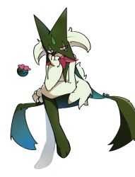  1other animal_hands body_fur cape claws closed_mouth flower full_body furry green_fur green_hair half-closed_eyes highres looking_at_viewer mask meowscarada other_focus pink_eyes pink_flower pokemon pokemon_(creature) short_hair short_tail simple_background sitting solo tail two-tone_fur uuuuuuumbreon white_background 