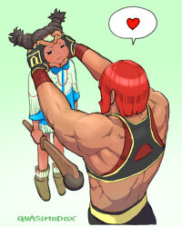  2girls :i back back_muscles biceps blush carrying carrying_person club_(weapon) dark-skinned_female dark_skin deltoids hand_wraps hanging_legs heart heart_hands highres holding holding_club holding_weapon impossible_hair lifting_person lily_hawk marisa_(street_fighter) median_furrow moccasins multiple_girls muscular muscular_female native_american native_american_clothes pogamoggan quasimodox red_hair size_difference spoken_heart sports_bra street_fighter street_fighter_6 tall_female triceps v-bangs weapon 