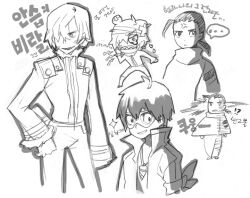  ... 5boys angry archived_source armband bandaged_head bandages bandaid black_eyes chibi chibi_inset cloak commentary_request core_drill covered_eyes cowboy_shot dual_persona fur-trimmed_jacket fur_trim gainax goggles greyscale hand_on_own_hip head_bump high_collar jacket korean_commentary korean_text legs_apart lightning_bolt_symbol long_sleeves low_ponytail male_focus monochrome multiple_boys one_eye_covered open_clothes open_jacket pants ponytail popped_collar rossiu_adai sharp_teeth simon_(ttgl) sketch small_pupils sparkle speech_bubble standing tears teeth tengen_toppa_gurren_lagann tied_armband translation_request turtleneck turtleneck_cloak upper_body v-shaped_eyes viral_(ttgl) wide_sleeves 