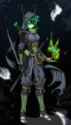  1girl absurdres adventure_time alternate_costume arrow_(projectile) black_mask black_scarf branch closed_mouth colored_sclera colored_skin commentary_request domino_mask full_body gauntlets green_eyes green_sclera green_skin highres holding holding_sword holding_weapon hood hood_up huntress_wizard kunai long_hair looking_at_viewer mask masked ninja plant_hair quiver scarf shin_(ultramarine430) solo sword torn_clothes torn_scarf weapon 