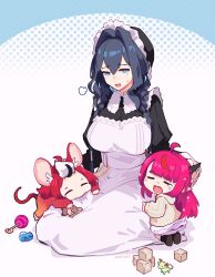  absurdres aged_down alphabet_blocks animal_ears apron black_dress black_hair blue_eyes braid dress hair_intakes hakos_baelz hand_rattle highres hololive hololive_english horns irys_(hololive) long_hair long_sleeves low_twin_braids maid mouse_ears mouse_girl mouse_tail multicolored_hair multiple_girls namiorii nanashi_mumei nemu_(ceres_fauna) open_mouth ouro_kronii ouro_kronii_(maid) pointy_ears purple_hair red_hair streaked_hair tail toy twin_braids twintails very_long_hair virtual_youtuber white_apron white_hair 