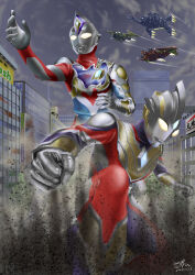  2boys absurdres aeon_(retailer) aircraft airplane alien arm_guards armor artist_name asymmetrical_arms billboard blue_skin breastplate building city cityscape clenched_hands clouds color_timer colored_skin commentary compound_eyes crystal dated debris dirt dorsal_fin dust_cloud fighter_jet fighting_stance foot_out_of_frame forehead_jewel foreshortening giant giant_male gradient_eyes guts_falcon guts_hawk highres kneeling looking_ahead looking_down male_focus military_vehicle multicolored_eyes multicolored_skin multiple_boys nursedessei outdoors outstretched_arm overcast pectorals red_skin shining_gold_montblanc signature silver_skin sky skyscraper standing tokusatsu toned toned_male ultra_series ultraman_decker ultraman_decker_(flash_type) ultraman_decker_(series) ultraman_trigger ultraman_trigger_(multi_type) ultraman_trigger_(series) wrinkled_skin yellow_eyes 