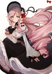  1girl black_bonnet black_skirt bonnet bow closed_mouth commentary feet_out_of_frame frilled_skirt frills hair_bow hand_up juliet_sleeves long_hair long_sleeves looking_at_viewer original pink_hair pointy_ears puffy_sleeves red_bow shirt simple_background skirt sleeve_bow solo standing user_pxyz8223 white_background white_shirt yellow_eyes 
