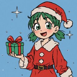  1girl absurdres arm_at_side beachepisode belt belt_buckle black_belt blush bow box buckle coat cowlick film_grain fur_trim gift gift_box green_eyes green_hair hand_up hat highres holding holding_gift koiwai_yotsuba long_sleeves looking_at_viewer low_twintails merry_christmas open_mouth outdoors red_bow red_coat red_hat santa_costume santa_hat short_twintails smile snow solo sparkle straight_hair twintails yotsubato! 