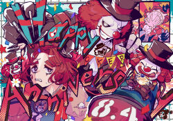  2boys blank_eyes blush character_name chibi clawed_gauntlets clown clown_nose colored_skin confetti curly_hair dated downturned_eyes fingerless_gloves flower food frown gloves grin happy_anniversary hat hat_flower highres identity_v joker_(identity_v) male_focus mini_hat mini_top_hat multiple_boys pastry perorinsr pie raised_inner_eyebrows red_hair red_lips smile sweatdrop thick_eyebrows top_hat wavy_hair weeping_clown_(identity_v) white_flower white_skin 