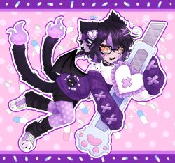  1girl :3 animal_ears bandaid bat_wings black_hair black_leg_warmers boxcutter cat_ears cat_girl cat_tail commentary english_commentary fire full_body glasses hair_ornament heart heart_hair_ornament highres leg_warmers long_sleeves looking_at_viewer multicolored_hair multiple_tails nekomata one_side_up open_mouth original outline oversized_object pantyhose pill pill_hair_ornament polka_dot polka_dot_pantyhose purple_outline purple_pantyhose purple_shoes purple_sweater purple_theme sakkametzu shoes short_hair sneakers solo streaked_hair sweater tail two_tails wings yami_kawaii yellow_eyes 