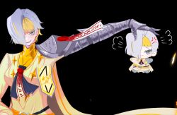  anger_vein arm_armor armor ascot blonde_hair clara_rossi615 grey_eyes grey_hair hair_over_one_eye highres holding holding_stuffed_toy kromer_(project_moon) limbus_company looking_at_viewer medium_hair multicolored_hair pauldrons project_moon shoulder_armor single_pauldron stuffed_toy wax_seal 