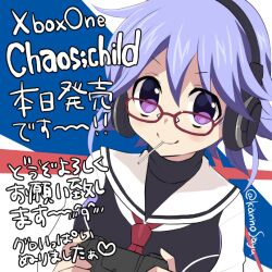  1girl bad_id bad_pixiv_id blue_hair chaos;child controller game_controller glasses hair_between_eyes headphones hekiho_academy_school_uniform holding holding_controller holding_game_controller kanno_sayu kazuki_hana looking_at_viewer non-web_source red-framed_eyewear school_uniform science_adventure semi-rimless_eyewear short_hair smile solo tagme translation_request upper_body violet_eyes 