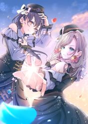  2girls bare_shoulders black_corset black_hair black_hat black_pants blue_eyes ceras_yanagida_lilienfeld clenched_teeth closed_mouth clothing_cutout collared_shirt commentary_request corset edel_note falling_petals frilled_shirt frilled_sleeves frills frontrivers_kae goggles goggles_on_headwear grey_hair grey_shirt hat hat_belt katsuragi_izumi link!_like!_love_live! long_hair long_sleeves looking_at_viewer love_live! multiple_girls orange_eyes pants petals retrofuture_(love_live!) shirt shoulder_cutout smile split_mouth teeth virtual_youtuber 