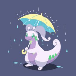  closed_mouth colored_skin full_body goodra green_eyes highres holding holding_umbrella ino_eye no_humans pokemon pokemon_(creature) pokemon_focus purple_skin rain simple_background smile solo tail umbrella 