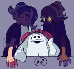  1boy 2girls alternate_hairstyle artist_name big_man_(splatoon) blonde_hair blue_hair boffix bright_pupils colored_extremities crop_top dark-skinned_female dark_skin facing_viewer forehead frye_(splatoon) glaring grey_background hair_over_one_eye hairband headphones highres inkling large_ears looking_at_viewer manta_ray medium_hair midriff mole mole_on_forehead multiple_girls necktie no_mouth octoling pointy_ears ponytail red_pupils sailor_collar school_uniform serafuku shiver_(splatoon) short_sleeves skirt slit_pupils speech_bubble splatoon_(series) splatoon_3 suction_cups talking tentacle_hair thick_eyebrows very_long_ears wavy_hair white_hairband wide-eyed yellow_pupils 